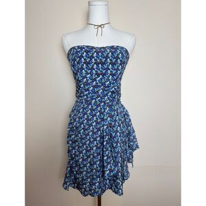 Club Monaco 100% Silk Strapless Mini Dress Blue Abstract Size 2